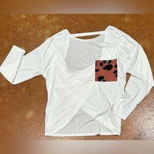 NWOT Boutique White Long Sleeve Top w/ Leopard Print Pocket & partial open back